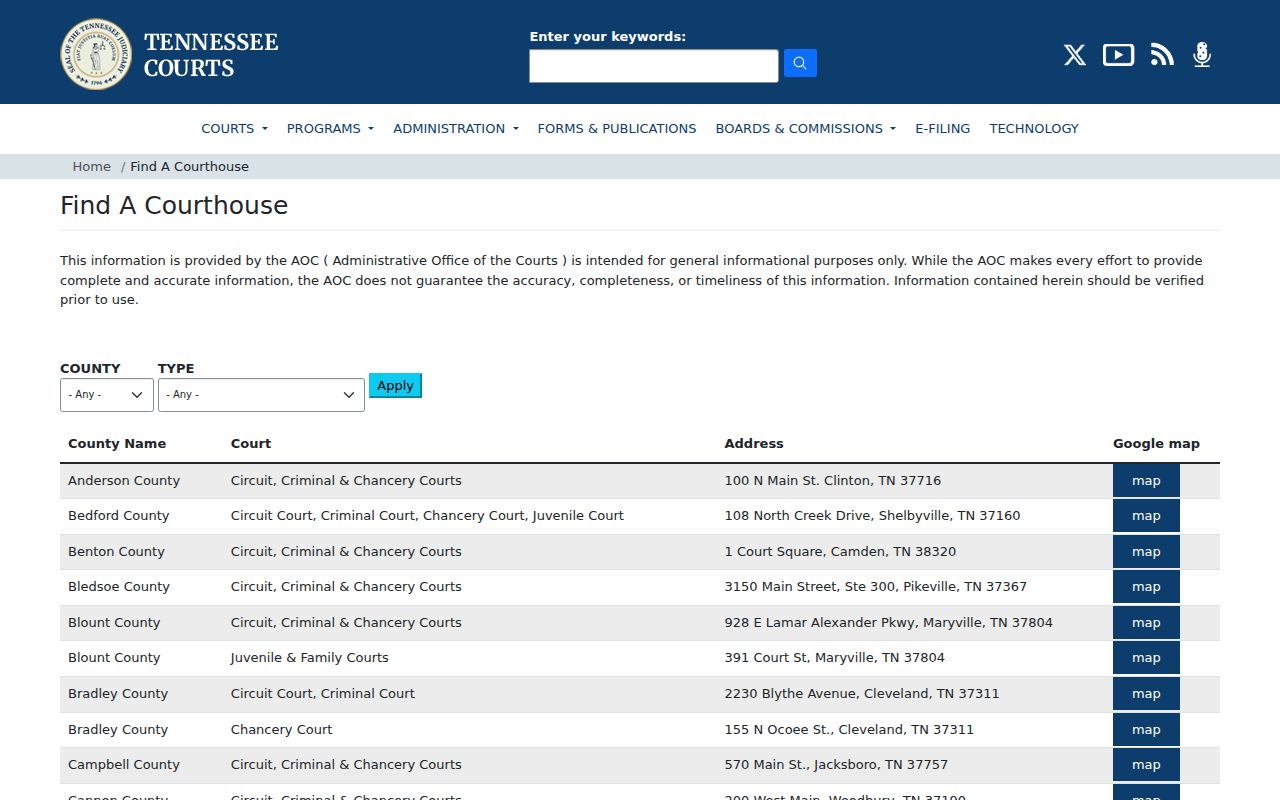 Tennessee courthouse directory for Fayette County criminal record judgments